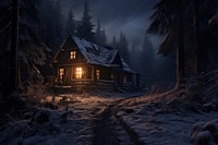 Illuminated cabin in snowy forest spooky tranquility architecture illuminated building. AI generated Image by rawpixel.