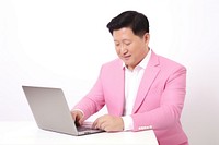 Korean Businessman typing and replying email by a laptop computer adult white background. AI generated Image by rawpixel.