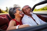 Latinx Older couple laughing in convertible vehicle glasses adult. AI generated Image by rawpixel.