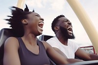 Laughing and screaming black couple riding roller coaster at amusement park travel adult togetherness. AI generated Image by rawpixel.