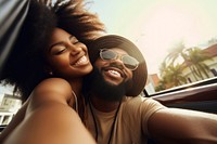 Laughing black couple making selfie on the back seat of convertible car laughing portrait travel. AI generated Image by rawpixel.