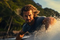 Muscular surfer rides in tropical paradise sports adult exercising. AI generated Image by rawpixel.