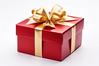 Red gift box wrapped with gold bow and ribbon white background celebration anniversary. AI generated Image by rawpixel.