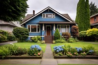 House with blue trim yard architecture outdoors. 