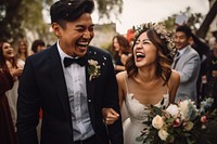 Groom and bride laughing outdoors wedding. AI generated Image by rawpixel.