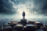 Businessman standing on the top of book stacks sky architecture publication. AI generated Image by rawpixel.