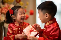 East asian kid sibling receive red envelopes celebration child chinese new year. AI generated Image by rawpixel.