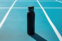Black thermos bottle blue exercising drinkware. AI generated Image by rawpixel.