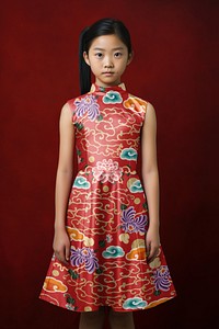 Girl's sleeveless turtleneck dress mockup, Chinese traditional clothes style psd
