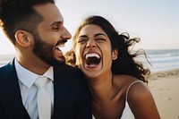 Latinx bride and groom laughing portrait wedding. AI generated Image by rawpixel.