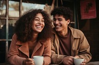 Latinx couple coffee laughing drinking. AI generated Image by rawpixel.