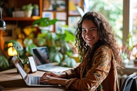 Smiling woman doing work at home laptop furniture computer. 