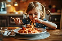 Kid with freckles eating spaghetti child. AI generated Image by rawpixel.