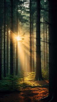 Sunbeam is bright through the pine trees in a forest nature sunlight outdoors. AI generated Image by rawpixel.