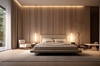 Luxury modern apartment bedroom furniture indoors. 