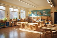 Kindergarten classroom Montessori learning kindergarten architecture furniture. AI generated Image by rawpixel.