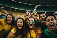 Group of soccer fans laughing shouting stadium. 