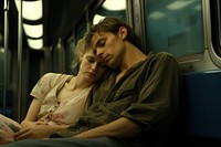 A couple sitting on a subway train transportation togetherness. AI generated Image by rawpixel.