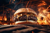 Cheeseburger sesame food fire. AI generated Image by rawpixel.