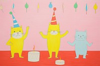 Cats wearing party hat birthday painting drawing. 