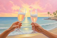 Hands holding champagne beach painting outdoors. AI generated Image by rawpixel.