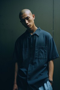 Asian teen man have skinhead in a blue and black short shirt standing against a grey background portrait adult photo. AI generated Image by rawpixel.