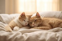 Couple cat hugging on the bed blanket mammal animal. AI generated Image by rawpixel.