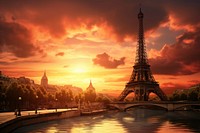 Sun sets on Paris tower city architecture. AI generated Image by rawpixel.