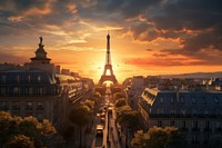 Sun sets on Paris building tower city. AI generated Image by rawpixel.