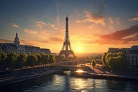 Sun sets on Paris tower city architecture. AI generated Image by rawpixel.