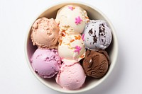 Many ice cream flavour on a white bowl dessert food chocolate. AI generated Image by rawpixel.