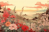 Vintage flower garden in long shot landscape outdoors painting. AI generated Image by rawpixel.