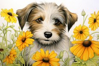 A dog with beautiful flowers and a bee drawing sunflower mammal. AI generated Image by rawpixel.