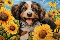 A dog with beautiful flowers and a bee sunflower portrait mammal. AI generated Image by rawpixel.