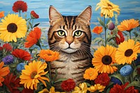 A cat with beautiful flowers and a bee sunflower painting outdoors. AI generated Image by rawpixel.