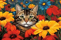 A cat with beautiful flowers and a bee animal mammal plant. 