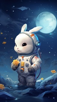 Cute astronaut with rabbit wallpaper cartoon night moon. AI generated Image by rawpixel.