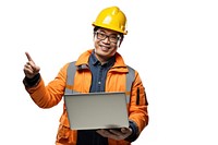 A Japanese civil engineer wearing safety gear laptop pointing computer. 