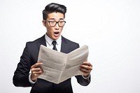 Taiwanese businessman reporter reading the news adult white background publication. AI generated Image by rawpixel.