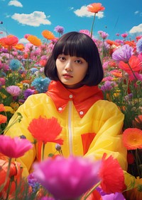 Taiwanese woman face looking camera flower portrait outdoors. 