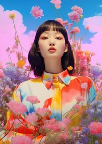 Taiwanese woman face looking camera flower portrait outdoors. AI generated Image by rawpixel.