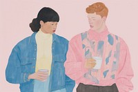 Couple with a coffee latte on tabler art painting drawing. AI generated Image by rawpixel.