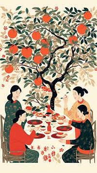 Chinese dinner party painting drawing adult. AI generated Image by rawpixel.