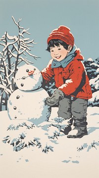 Children build snowman outdoors drawing winter. 