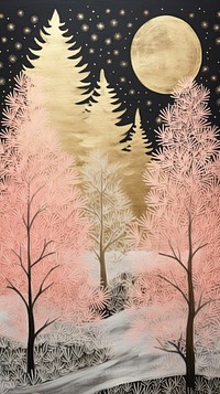 Gold and silver and pink christmas trees nature outdoors painting. 