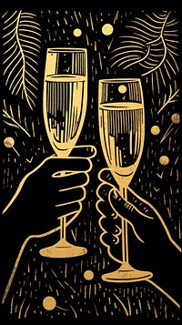 Gold silver hands cheers champagne glasses drawing drink refreshment. 