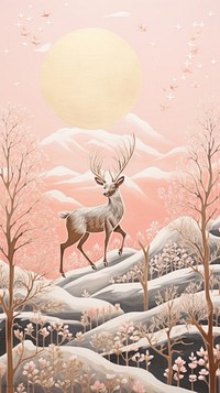 Gold silver pink santas reindeer flying drawing nature animal. 