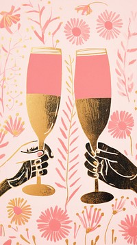 Gold pink silver hands cheers champagne glasses drawing art calligraphy. AI generated Image by rawpixel.