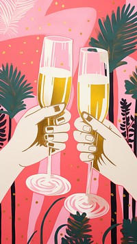 Gold pink silver hands holding many champagne glasses drawing drink party. AI generated Image by rawpixel.