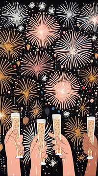 Gold pink silver many hands holding champagne glasses fireworks pattern celebration backgrounds recreation. AI generated Image by rawpixel.